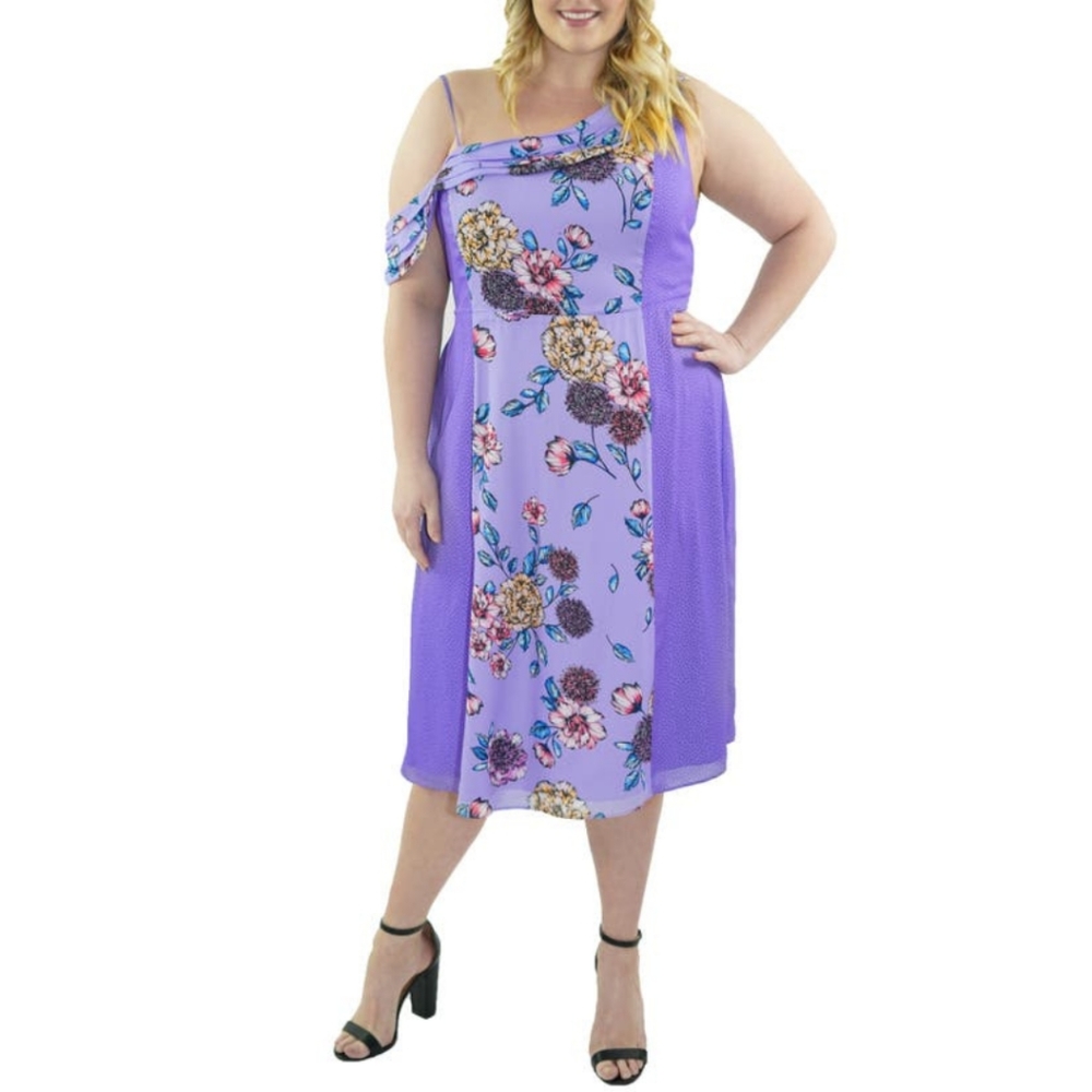 NWT MARÉE POUR TOI Purple Off Shoulder Color Block Dress Women's Size 24